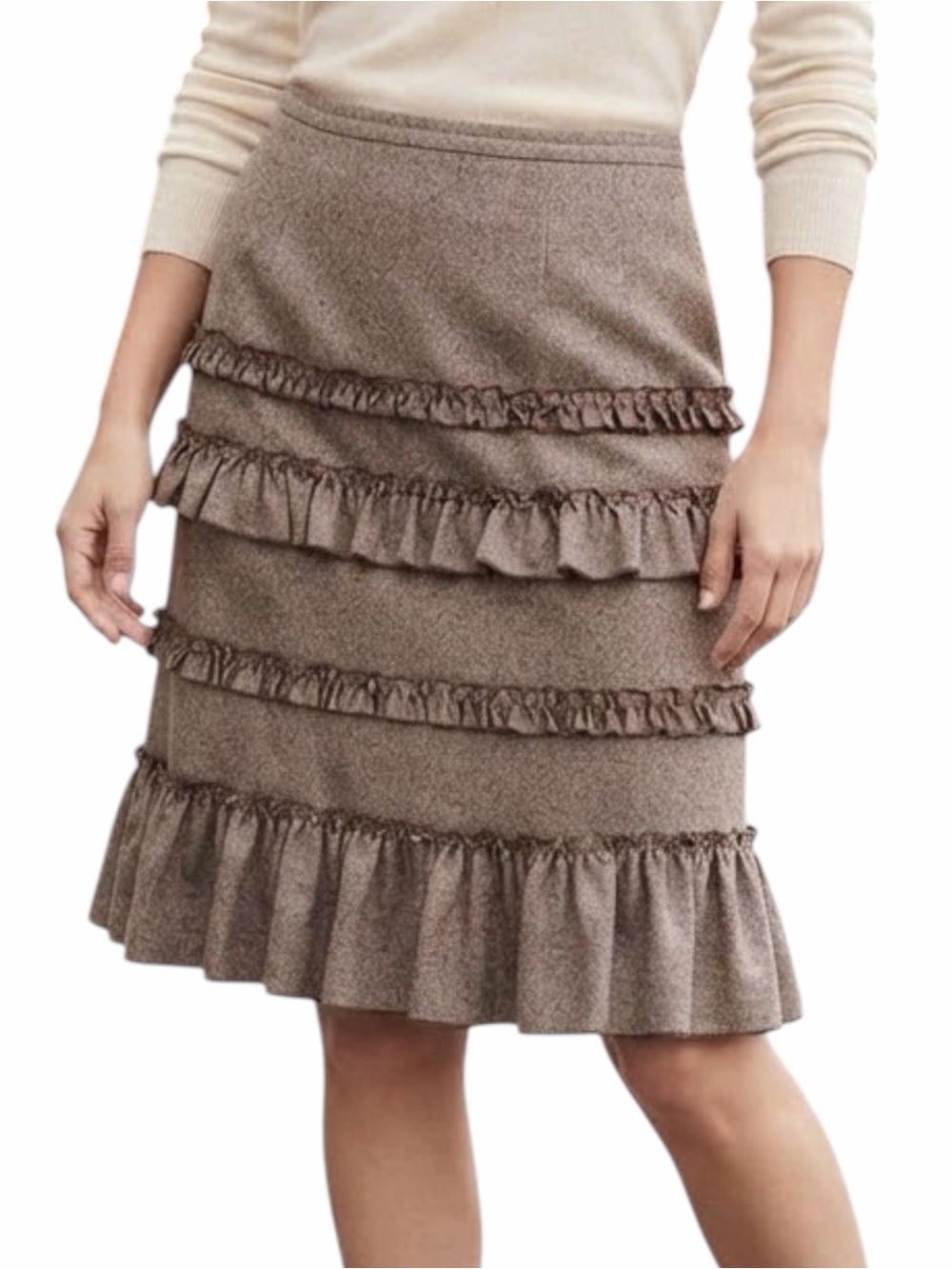 LOFT Ann Taylor Brown Tweed Tiered Ruffle Wool Blend Skirt Size 10